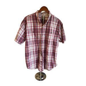 CE SCHMIDT MENS SHORT SLEEVE RED, WHITE, BLUE PLAID BUTTON DOWN SHIRT.
